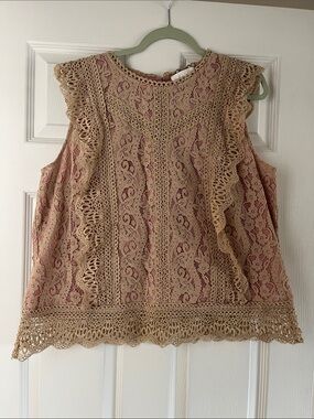 Beige Lace Ruffle-Trim sleeveless top with Pink Underlay